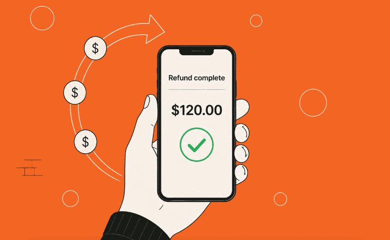 A hand holds a phone reading Refund complete with a green check, and coins arc back toward it